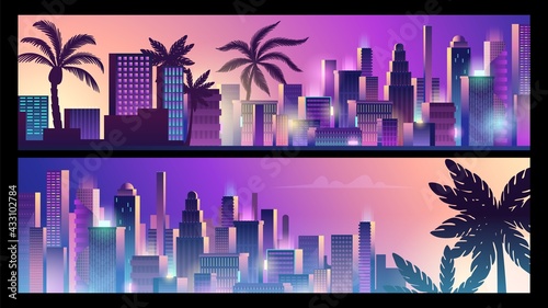 Neon city banners. Cyberpunk style background, downtown and palms silhouettes vector template