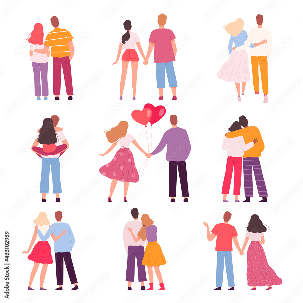 Back view couples. Cartoon characters walking together loving family hugging persons nowaday vector illustrations people