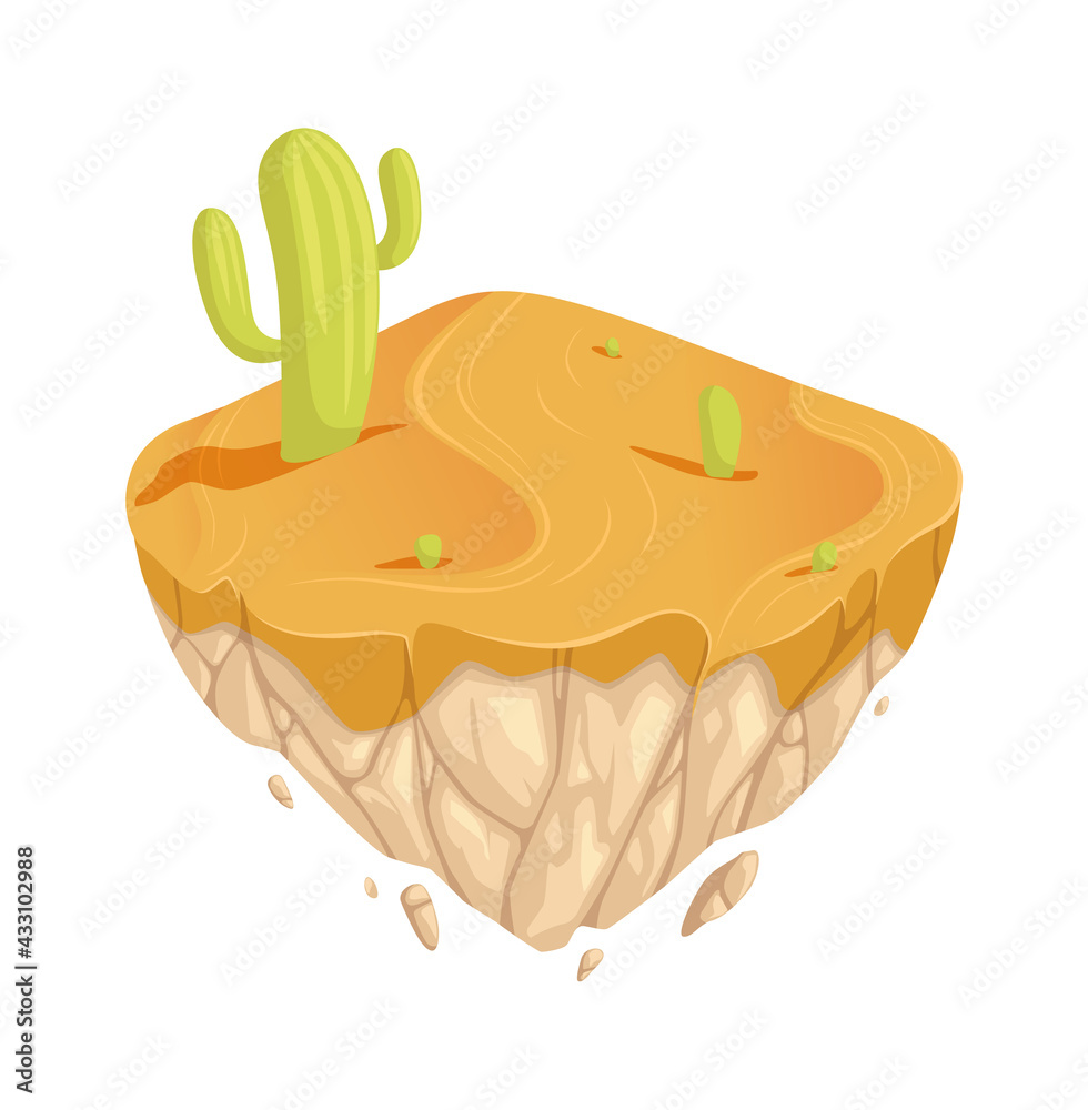 Desert location. Isometric island with sand and cacti. Green cactus grow in sands vector game design element Desert location. Isometric island with sand and cacti. Green cactus grow in sands vector game design element