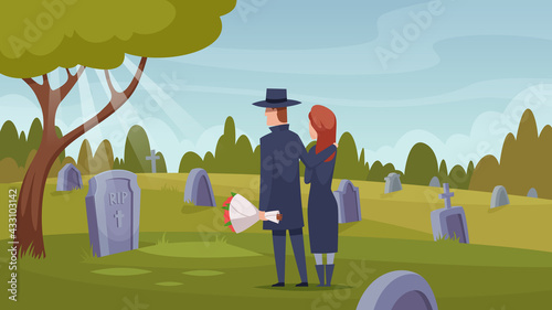 Death services. Ritual ceremony after dying loss crying persons rip grave coffin selection exact vector cartoon background