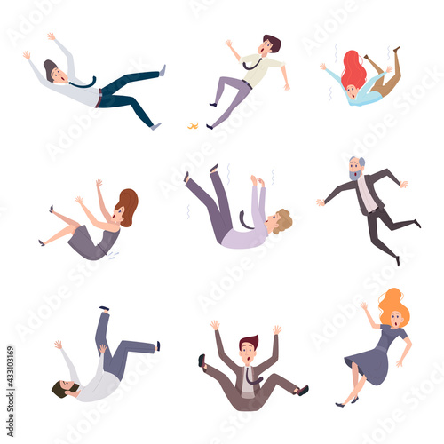 Falling business characters. Busy people male and female in costumes flying fast moving and falling accident problems exact vector persons isolated