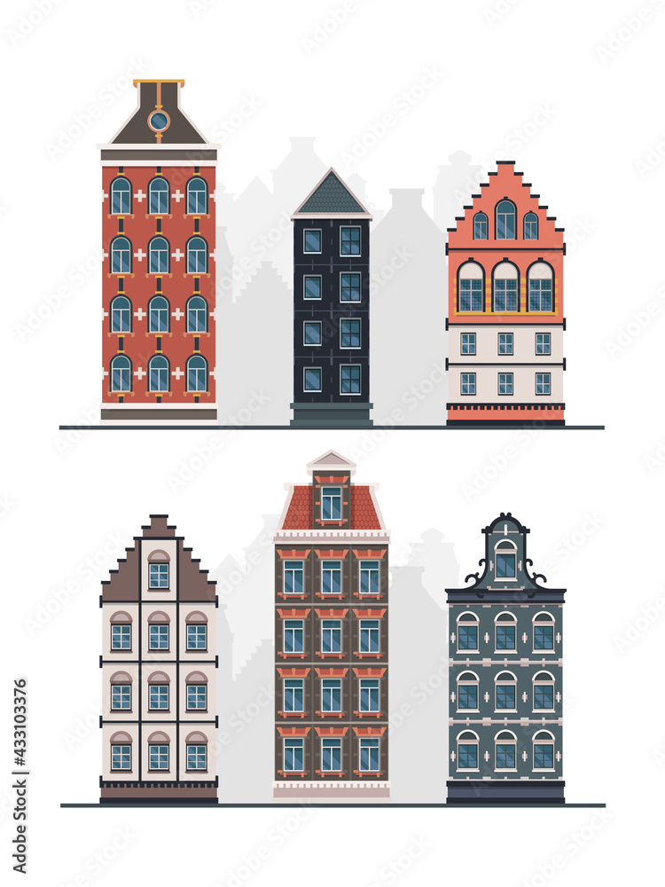 Old buildings. Antique european constructions vintage urban facades in flat style garish vector exterior designs