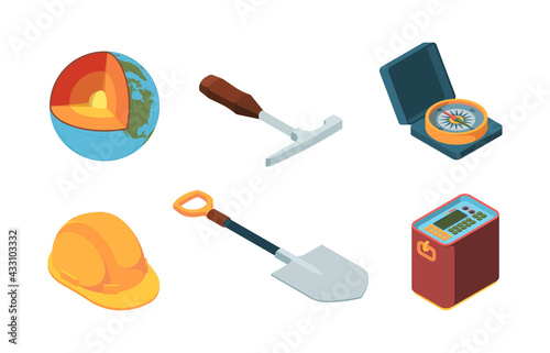 Earth exploration. Isometric geologist equipment ground layers mantle of earth technology processes garish vector colored illustrations isolated