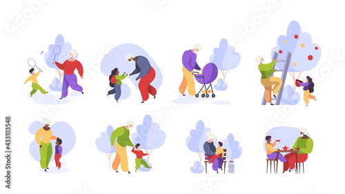 Elderly family. Grandmother and grandfather playing with grandchildren funny kids walking with family garish vector illustrations