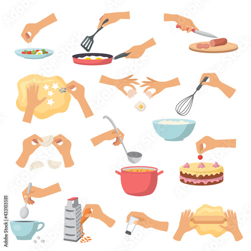 Hands preparing food. Kitchen cooking utensils preparing products processes soup cakes fish and salad recent vector flat pictures set