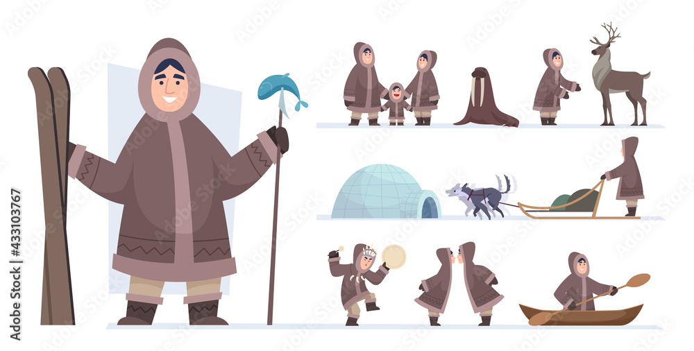Ethnic eskimo people. Authentic alaska persons male and female wild hunters exact vector adventure concept characters in cartoon style - obrazy, fototapety, plakaty 
