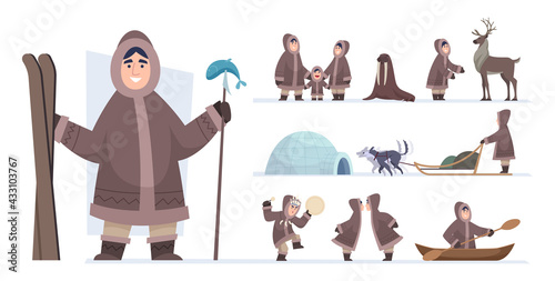 Ethnic eskimo people. Authentic alaska persons male and female wild hunters exact vector adventure concept characters in cartoon style photo
