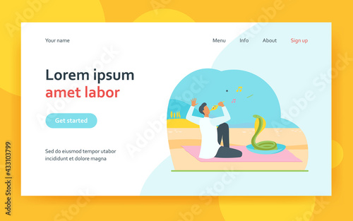 Snake charmer playing pipe flute for dancing cobra. Musician, trainer, India. Flat vector illustration. Wild animal, danger, show concept for banner, website design or landing web page