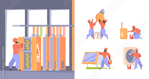Electrician workers. Stylized characters installing electrically systems repair processes energy systems garish vector illustrations collection set
