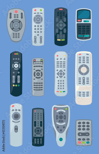Tv controllers. Remote play gadgets for home appliances electronic items controllers for technics garish vector cartoon illustrations