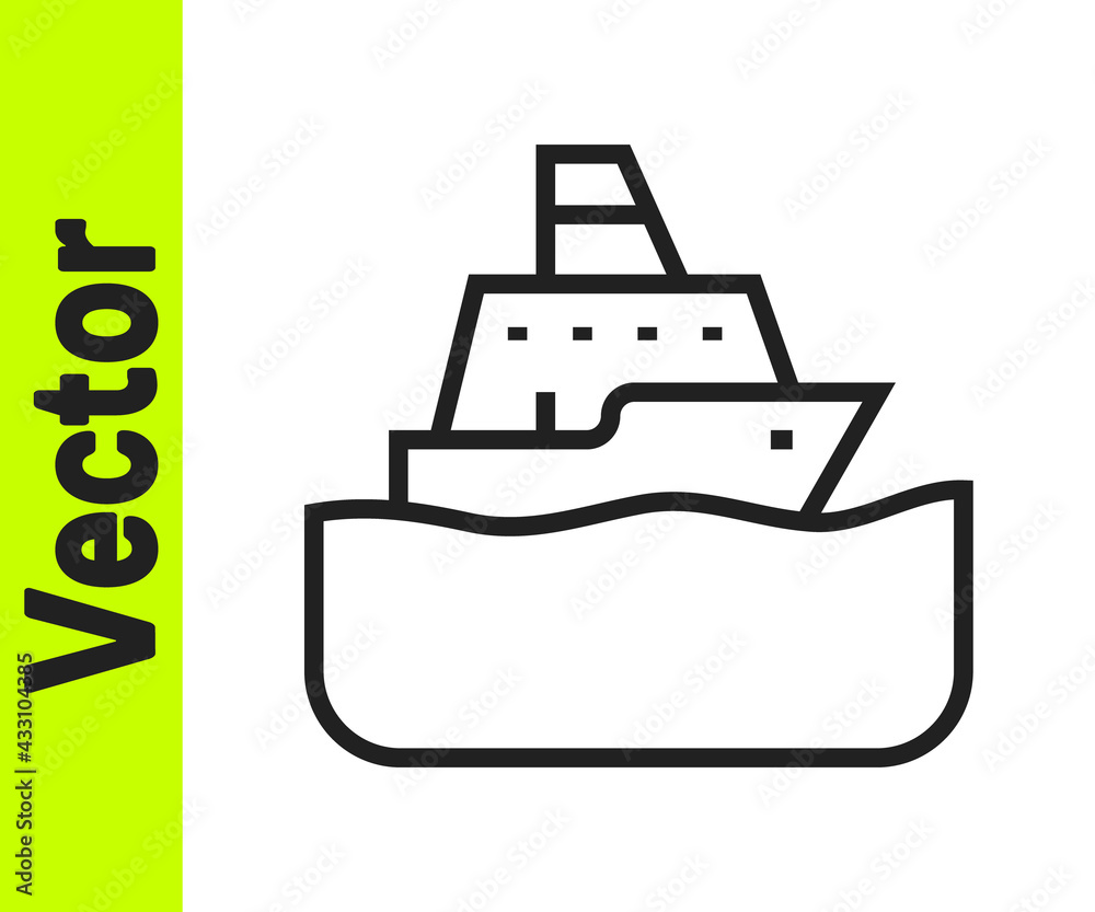 Black line Cruise ship icon isolated on white background. Travel tourism nautical transport. Voyage passenger ship, cruise liner. Worldwide cruise. Vector Black line Cruise ship icon isolated on white background. Travel tourism nautical transport. Voyage passenger ship, cruise liner. Worldwide cruise. Vector