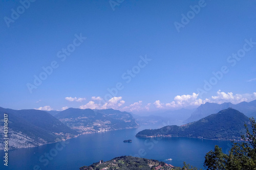 Spectacular view of Lake Lovere  green mountains in the background  in the province of Bergamo  Italy.