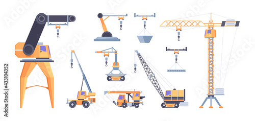 Cranes for builders. Construction vehicles industrial loaders hoisting machines ropes with hook transporters garish vector illustrations in cartoon style