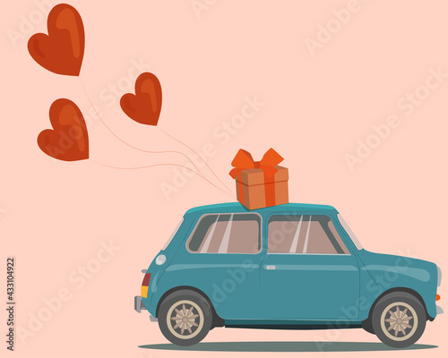 retro car with balloons. balloons in the shape of a heart. vector illustration