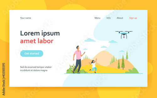 Happy father with daughter playing with quadcopter. Toy, nature, game flat vector illustration. Summer activity and fatherhood concept for banner, website design or landing web page