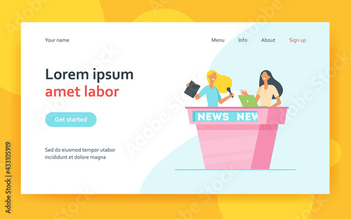 Two women talking about breaking news. Reporter, laptop, information flat vector illustration. Public broadcasting and entertainment concept for banner, website design or landing web page