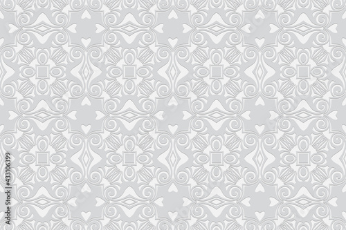3d volumetric convex embossed geometric white background. Ethnic pattern in doodling style, oriental arabic motives. Ornament with hearts, shapes and curls for wallpaper, website, presentation.