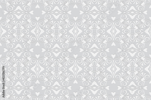 3d volumetric convex embossed geometric white background. Ethnic pattern in doodling style, oriental arabic motives.
Ornament with hearts, shapes and curls for wallpaper, website, presentation.