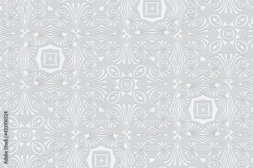 3d volumetric convex embossed geometric white background. Ethnic pattern in doodling style, oriental arabic motifs.
Exotic ornament for wallpaper, presentation, textiles, website, stained glass.