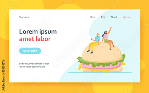 Two tiny women sitting on big burger. Bun, fat, meal flat vector illustration. Junk food and nutrition concept for banner, website design or landing web page