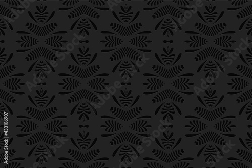 3D volumetric convex embossed geometric black background. Ethnic pattern in the style of doodling, Mexican motifs.
Artistic national ornament for wallpaper, website, textile, presentation.