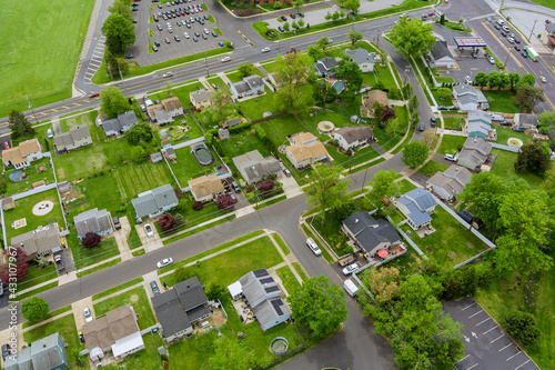Wide panorama, aerial view with tall buildings, in the beautiful residential quarters Bensalem town Pennsylvania