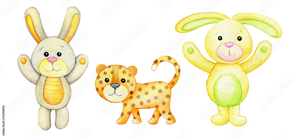 Leopard, bunny, rabbit. Watercolor set of animals, in cartoon style on an isolated background.
