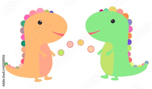 illustration of two funny  colorful dinosaurs juggling balls