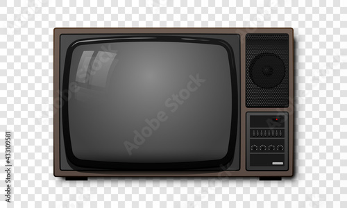 Realistic vintage black and white TV set vector illustration isolated on transparent background.