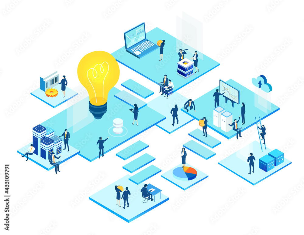 Isometric 3D business environment. Business management. Isometric office space, business people work around light bulb as symbol of generating fresh content and new ideas. Infographic illustration Isometric 3D business environment. Business management. Isometric office space, business people work around light bulb as symbol of generating fresh content and new ideas. Infographic illustration