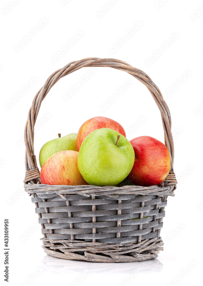Fresh ripe apples in basket. Red and green apple fruits Fresh ripe apples in basket. Red and green apple fruits