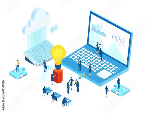 Isometric 3D business environment. Business management. Isometric office space, business people work around light bulb as symbol of generating fresh content and new ideas. Infographic illustration