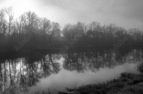 fog on the river grim landscape