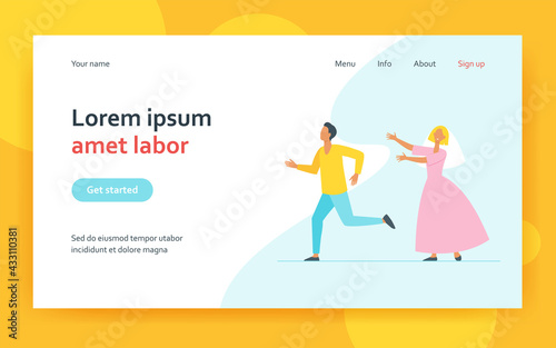 Groom man running from bride woman in wedding dress. Married couple flat vector illustration. Marriage, wedding party, newlyweds concept for banner, website design or landing web page