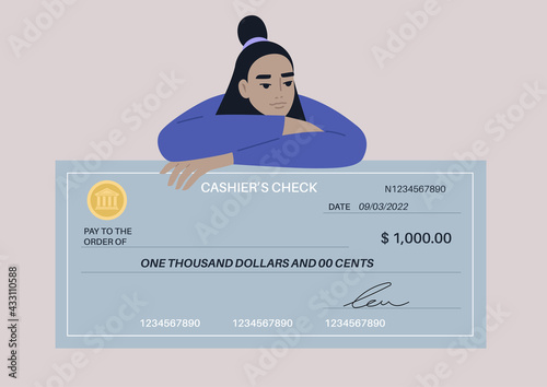 Financial operations, a young female Asian character leaning on a bank paper check template