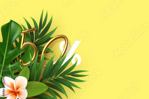 Tropical leaves with 3d golden 50 percent sign. Template with copy space for summer seasonal discount. Vector.