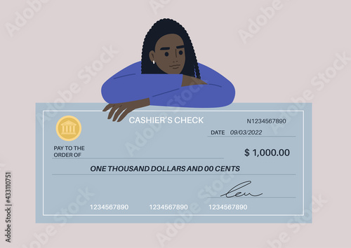 Financial operations, a young female Black character leaning on a bank paper check template