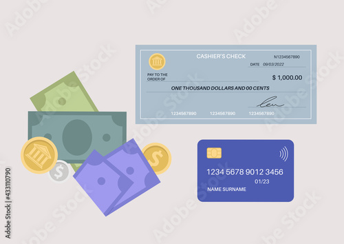 A set of different payment methods, a plastic credit card, a bank check, paper money and coins