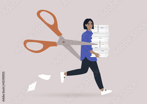 A staff reduction concept, a young female character being hunted by a pair of scissors
