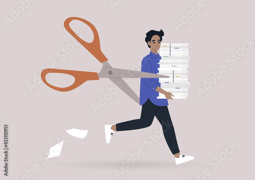 A staff reduction concept, a young male character being hunted by a pair of scissors