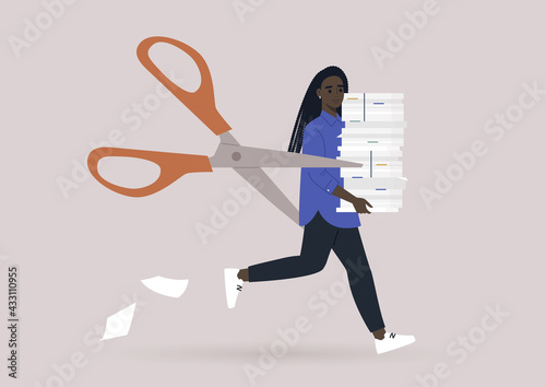 A staff reduction concept, a young female Black character being hunted by a pair of scissors