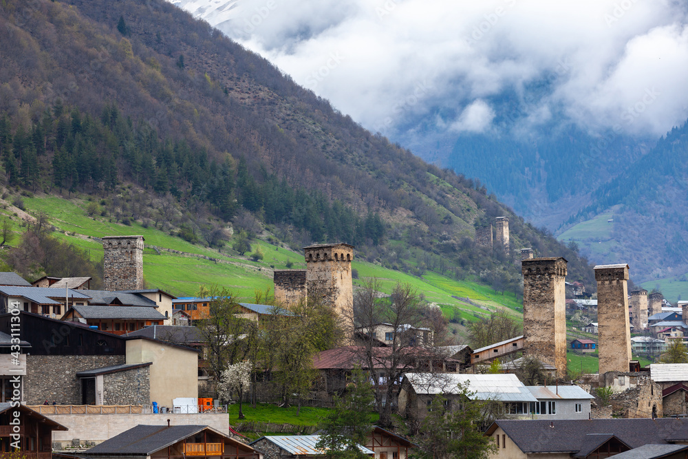 Obraz premium Towers of Mestia village in Svaneti area Caucasus mountains in Georgia