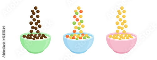Bowl milk cereal vector breakfast. Cartoon oats. Different sweet flavors. Falling colorful cornflakes. Healthy food for kids illustration