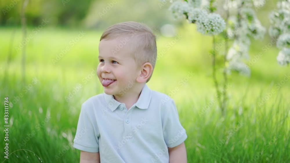 funny little boy on the lawn in the flowering spring garden. happy childhood. funny little boy on the lawn in the flowering spring garden. happy childhood.