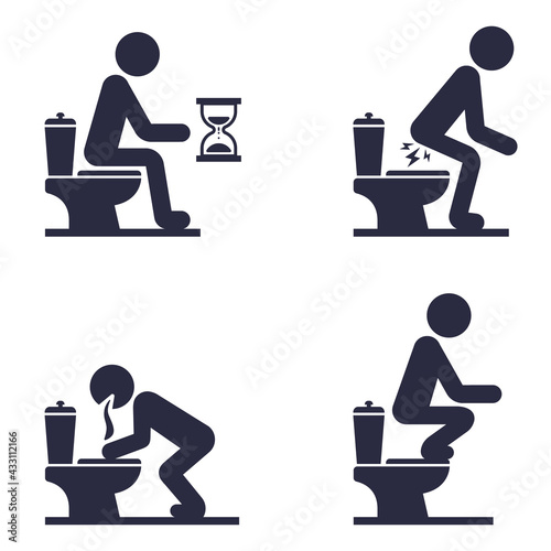 set of icons of a man sitting on the toilet. a man's stomach problem. flat vector illustration.
