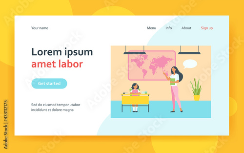 School teacher explaining geography lesson to pupil. Tutor showing world map to student kid. Flat vector illustration. Education, studying concept for banner, website design or landing web page