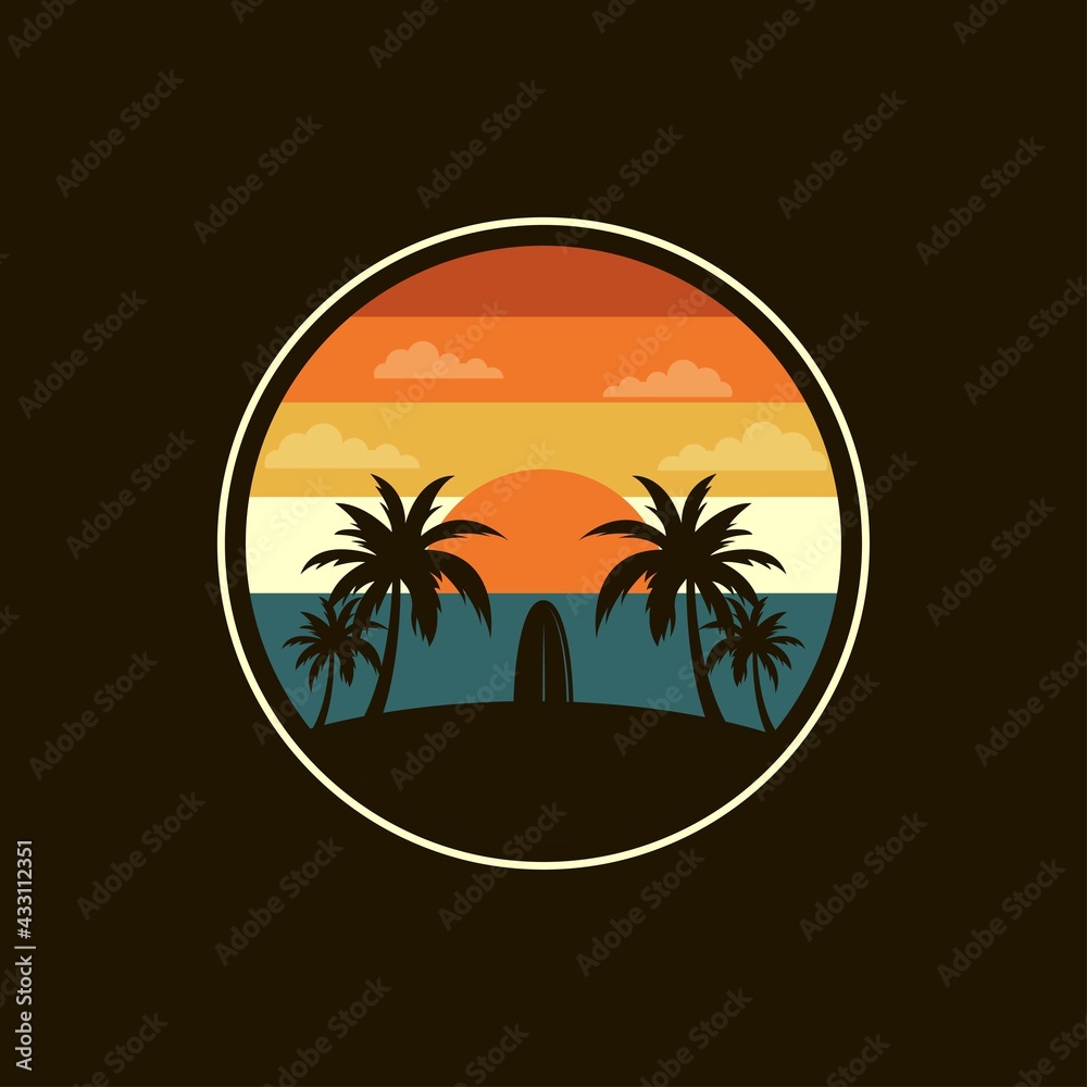surf logo design on a tropical beach, vector illustration
