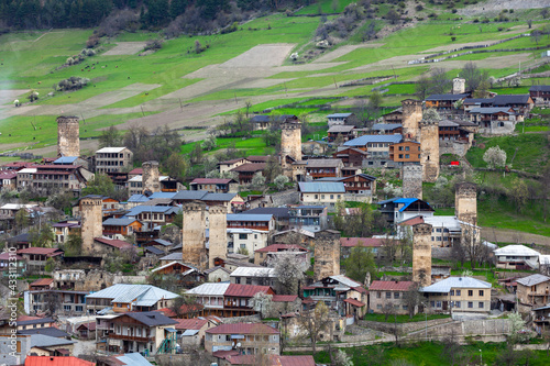Towers of Mestia village in Svaneti area Caucasus mountains in Georgia
