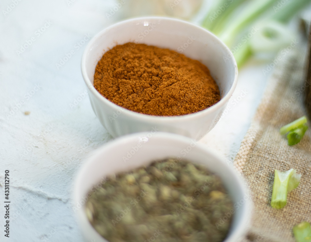 specialties in a bowl. Red peppers and herbs specialties in a bowl. Red peppers and herbs