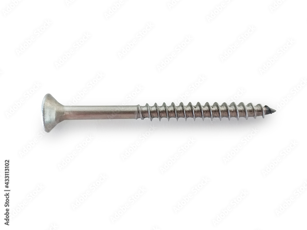 Aerial view of isolated metal self tapping screw. Screw isolated on white background. Self-drilling Wood Screw in horizontal position. DIY and Hardware concept. Aerial view of isolated metal self tapping screw. Screw isolated on white background. Self-drilling Wood Screw in horizontal position. DIY and Hardware concept.